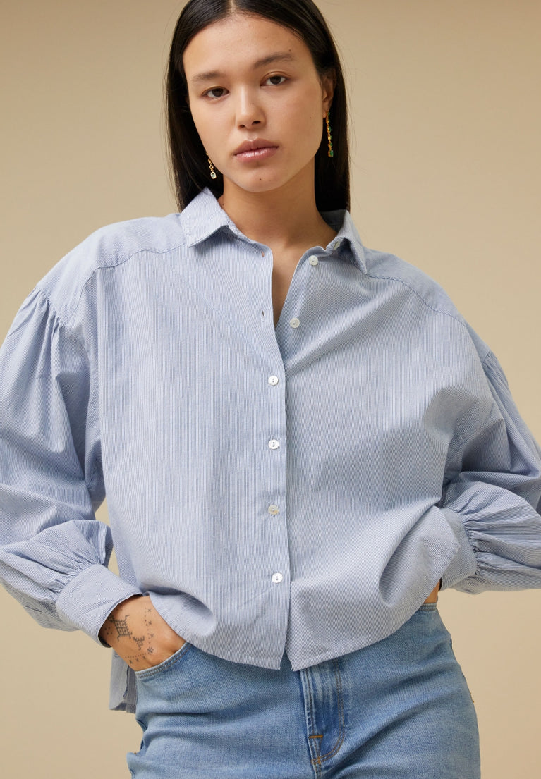 sarah short pin stripe blouse | indi grey