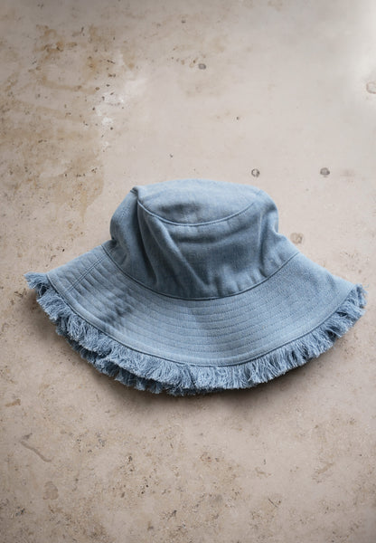 fringed bucket hat | light denim